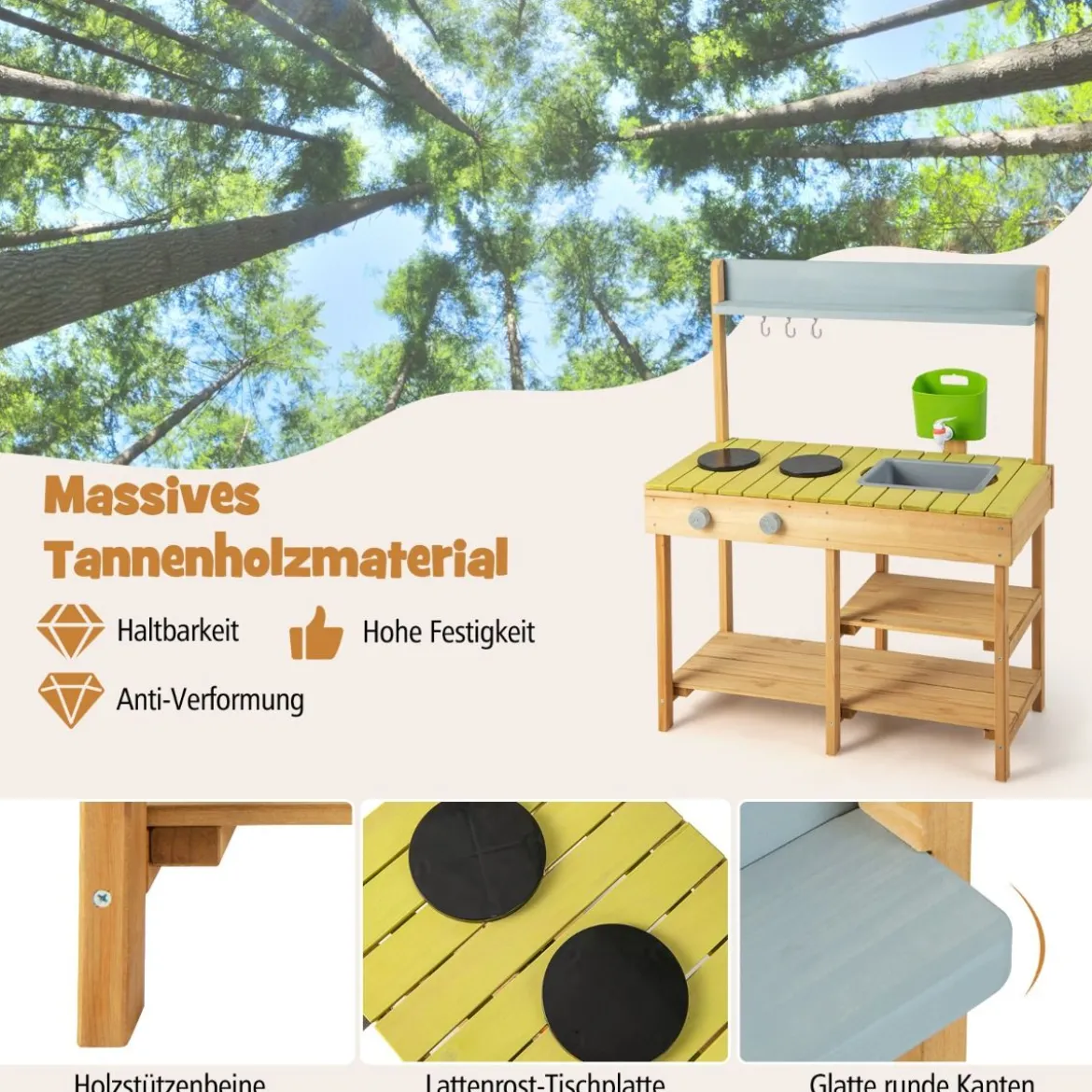 Matschküche Kinder Outdoor Kinderküche Holz mit Wasserfunktion Spielküche mit Haken & abnehmbarem Regal Natur/Orange