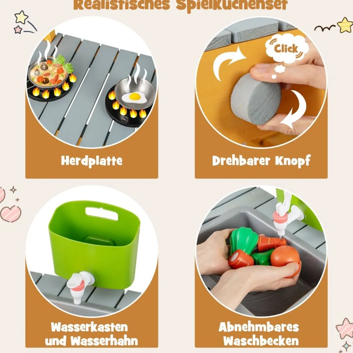 Matschküche Kinder Outdoor Kinderküche Holz mit Wasserfunktion Spielküche mit Haken & abnehmbarem Regal Natur/Orange