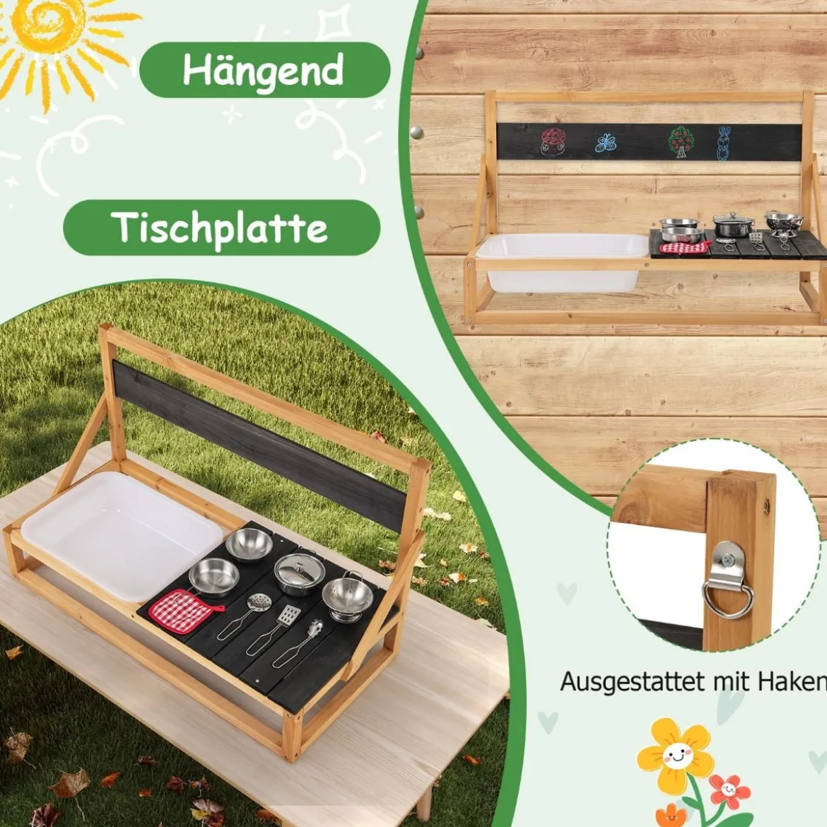 Matschküche Kinder Outdoor Kinderküche Tannenholz mit Zubehör Natur 81 x 36 x 49 cm