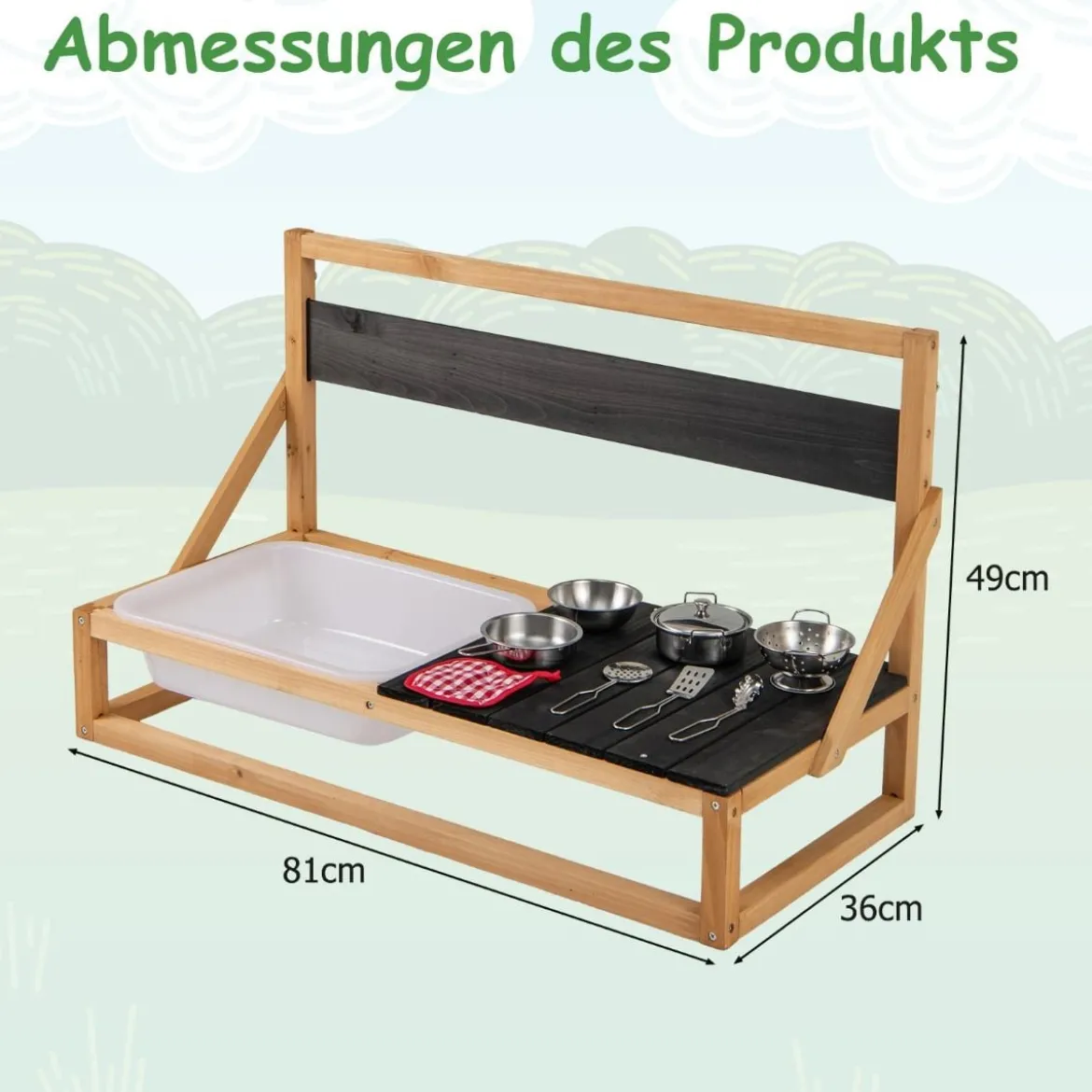 Matschküche Kinder Outdoor Kinderküche Tannenholz mit Zubehör Natur 81 x 36 x 49 cm