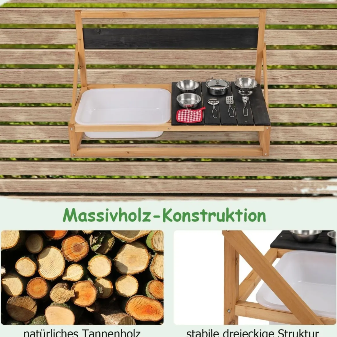 Matschküche Kinder Outdoor Kinderküche Tannenholz mit Zubehör Natur 81 x 36 x 49 cm