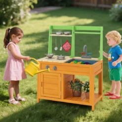 Matschküche Kinder Outdoor Kinderküche mit Zubehör Spielküche mit realistischen Herden & Wasserhahn