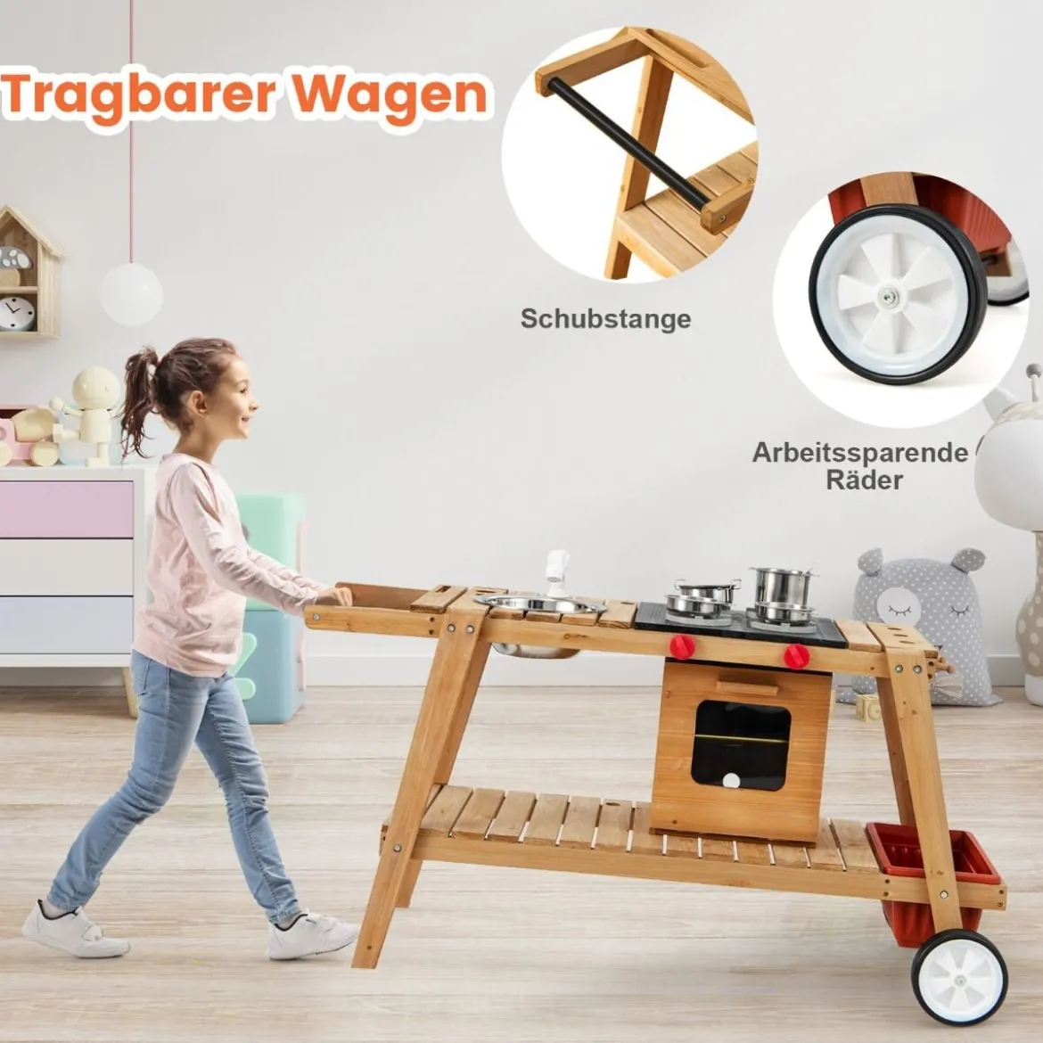 Matschküche Kinder Outdoor Kinderküche Holz mit Sonnenschirm & Rollen Blau