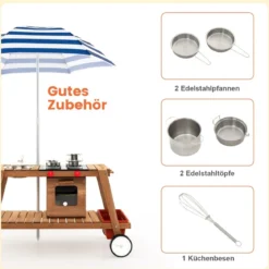 Matschküche Kinder Outdoor Kinderküche Holz mit Sonnenschirm & Rollen Blau