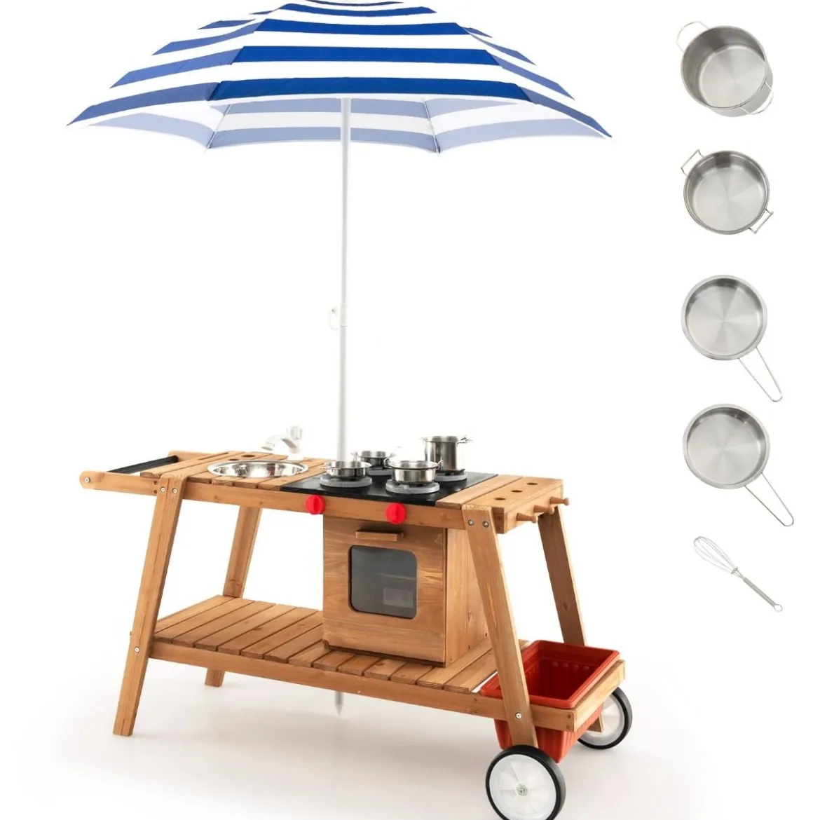 Matschküche Kinder Outdoor Kinderküche Holz mit Sonnenschirm & Rollen Blau