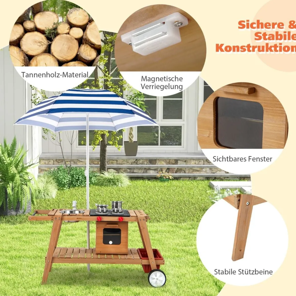 Matschküche Kinder Outdoor Kinderküche Holz mit Sonnenschirm & Rollen Blau