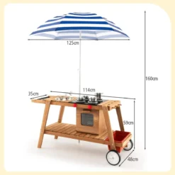 Matschküche Kinder Outdoor Kinderküche Holz mit Sonnenschirm & Rollen Blau