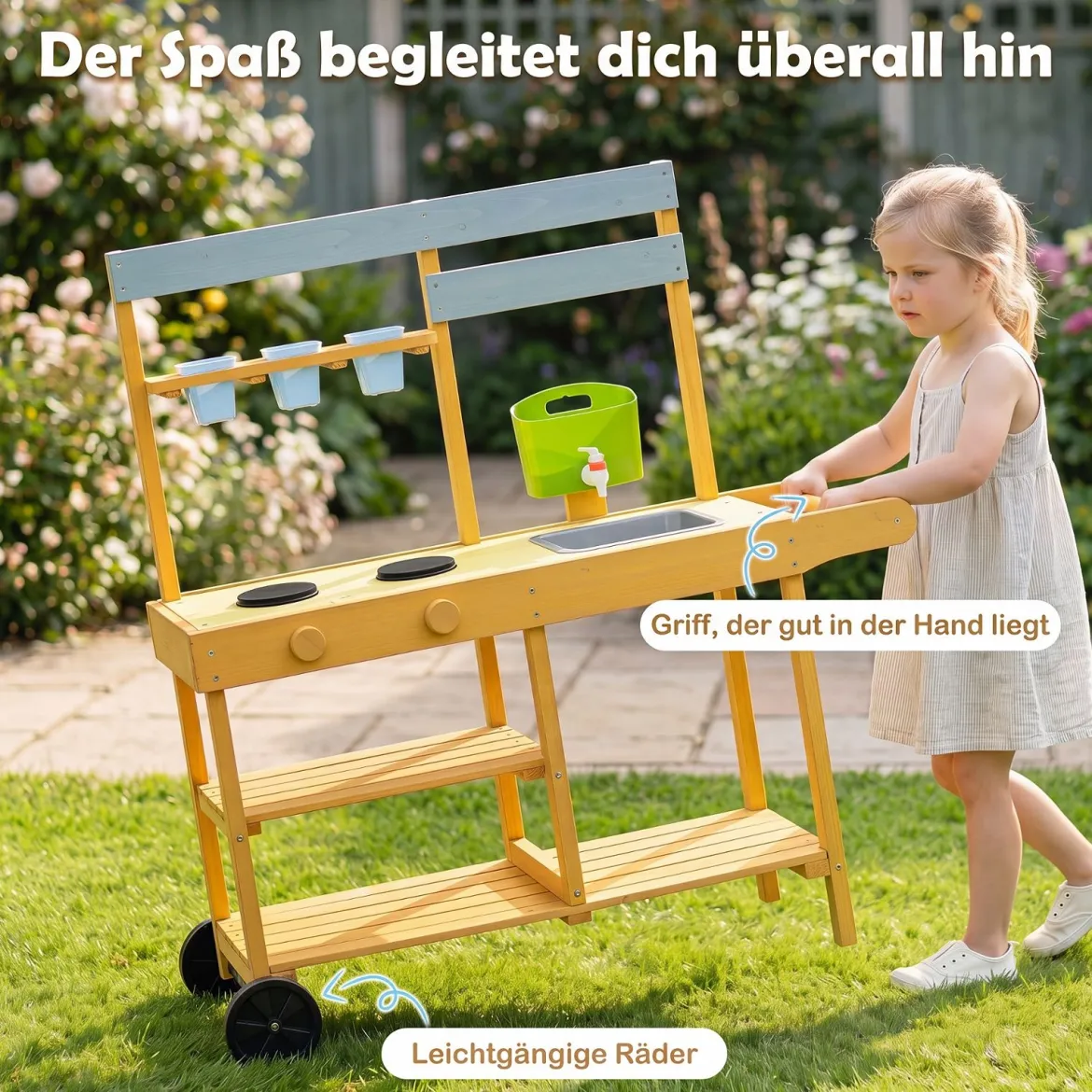 Matschküche Kinder Outdoor Kinderküche mit Herd & Kochzubehör Puppenküche mit Spüle Gelb
