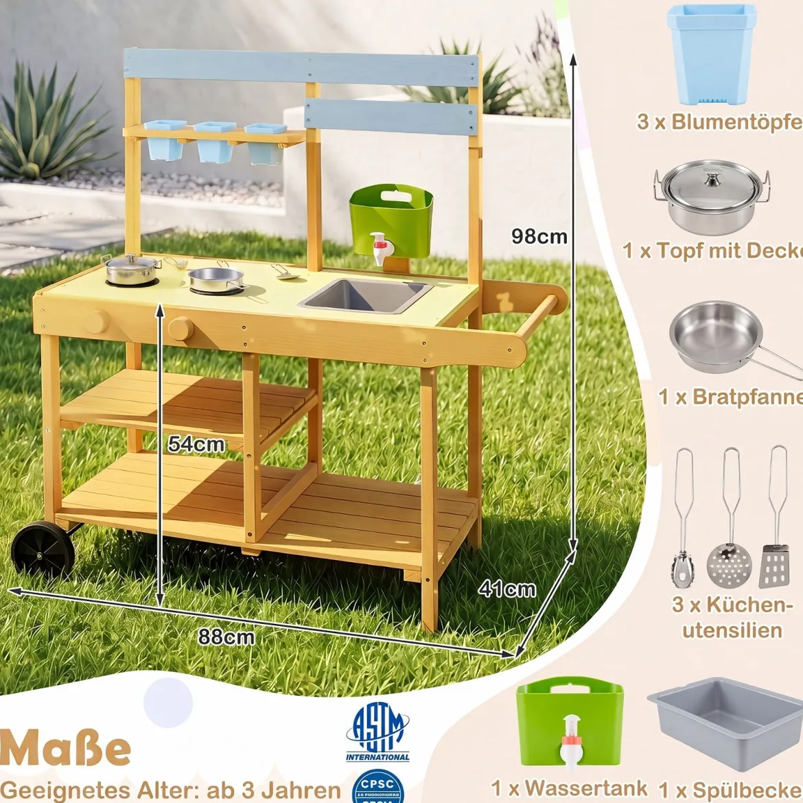 Matschküche Kinder Outdoor Kinderküche mit Herd & Kochzubehör Puppenküche mit Spüle Gelb