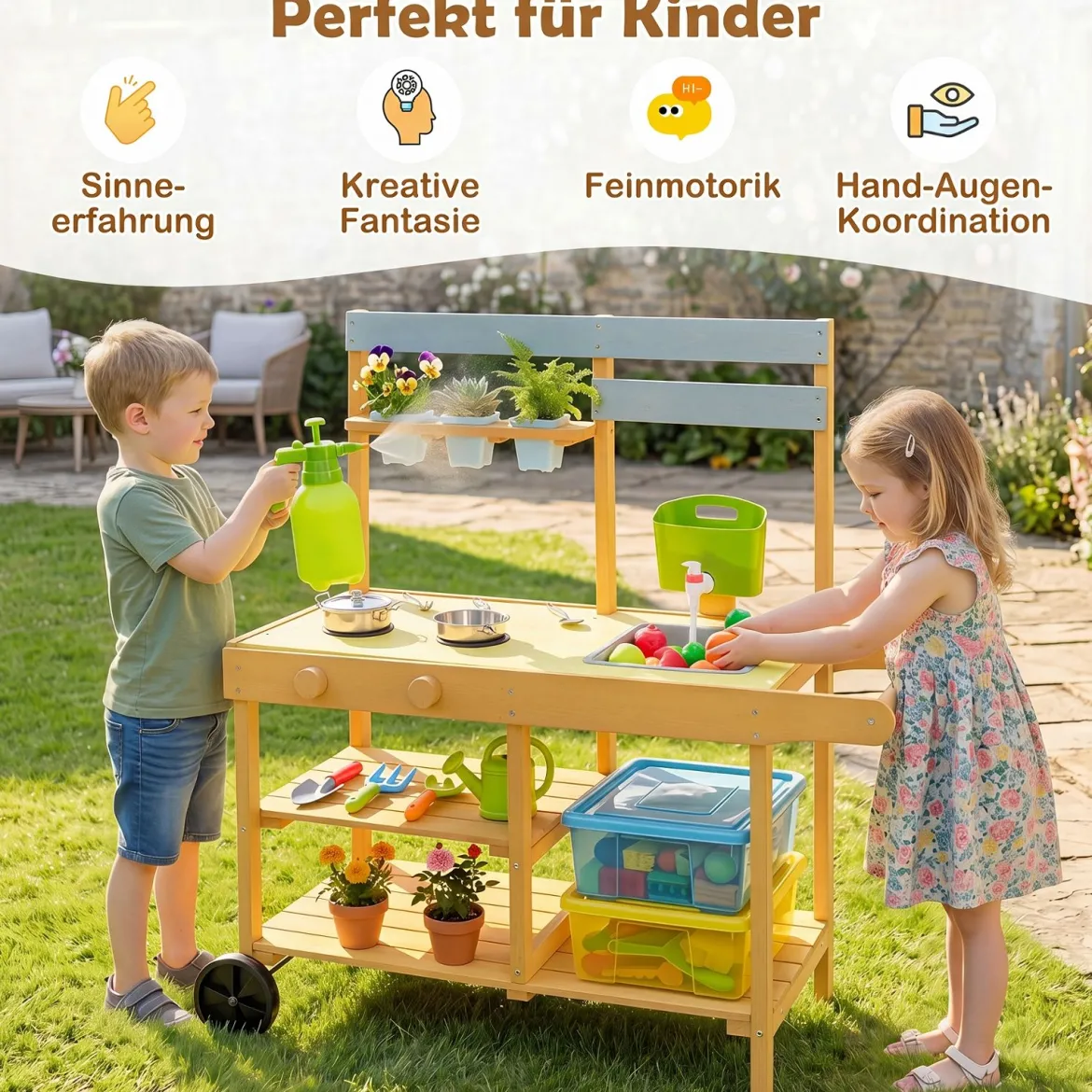 Matschküche Kinder Outdoor Kinderküche mit Herd & Kochzubehör Puppenküche mit Spüle Gelb