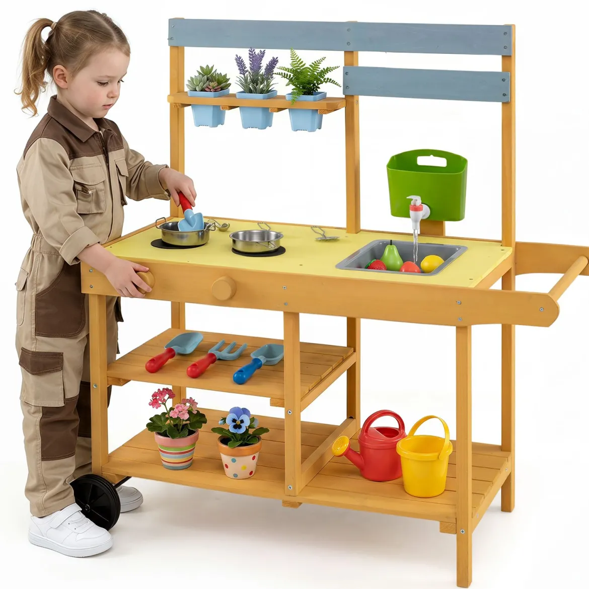 Matschküche Kinder Outdoor Kinderküche mit Herd & Kochzubehör Puppenküche mit Spüle Gelb