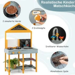 Matschküche Kinder Outdoor Kinderküche Tannenholz mit Pflanzbehälter & 2 Kreidetafeln & Wasserhahn Blau/Grün