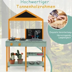 Matschküche Kinder Outdoor Kinderküche Tannenholz mit Pflanzbehälter & 2 Kreidetafeln & Wasserhahn Blau/Grün