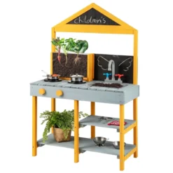 Matschküche Kinder Outdoor Kinderküche Tannenholz mit Pflanzbehälter & 2 Kreidetafeln & Wasserhahn Blau/Grün