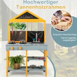 Matschküche Kinder Outdoor Kinderküche Tannenholz mit Pflanzbehälter & 2 Kreidetafeln & Wasserhahn Blau/Grün
