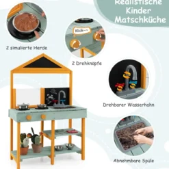 Matschküche Kinder Outdoor Kinderküche Tannenholz mit Pflanzbehälter & 2 Kreidetafeln & Wasserhahn Blau/Grün