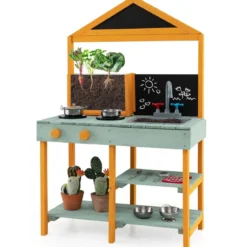 Matschküche Kinder Outdoor Kinderküche Tannenholz mit Pflanzbehälter & 2 Kreidetafeln & Wasserhahn Blau/Grün