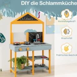 Matschküche Kinder Outdoor Kinderküche Tannenholz mit Pflanzbehälter & 2 Kreidetafeln & Wasserhahn Blau/Grün