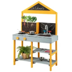 Matschküche Kinder Outdoor Kinderküche Tannenholz mit Pflanzbehälter & 2 Kreidetafeln & Wasserhahn Blau/Grün
