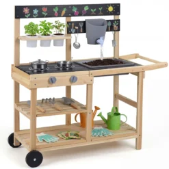 Matschküche Kinder Outdoor Kinderküche Holz mit Rädern und Griff für Kinder ab 3 Jahren Natur