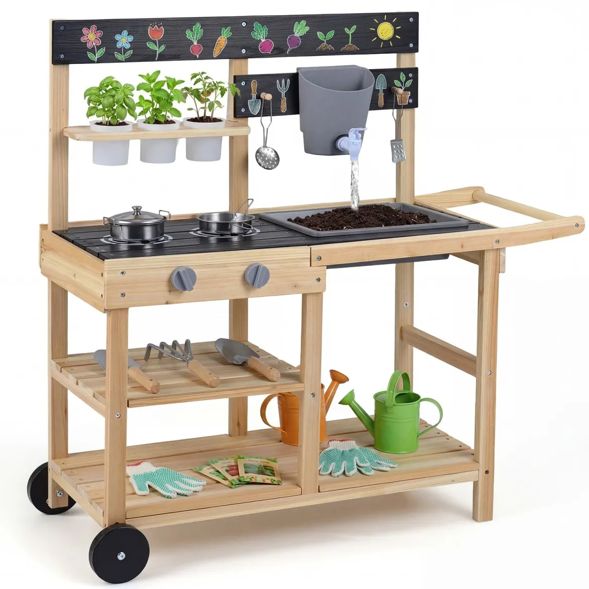 Matschküche Kinder Outdoor Kinderküche Holz mit Rädern und Griff für Kinder ab 3 Jahren Natur