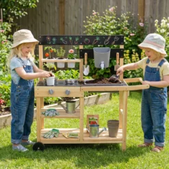 Matschküche Kinder Outdoor Kinderküche Holz mit Rädern und Griff für Kinder ab 3 Jahren Natur