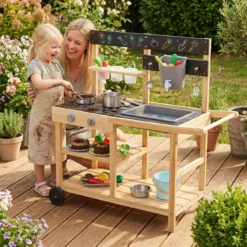 Matschküche Kinder Outdoor Kinderküche Holz mit Rädern und Griff für Kinder ab 3 Jahren Natur