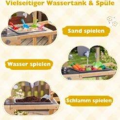Matschküche Kinder Outdoor Kinderküche Holz mit Rädern und Griff für Kinder ab 3 Jahren Natur