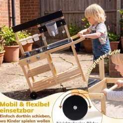 Matschküche Kinder Outdoor Kinderküche Holz mit Rädern und Griff für Kinder ab 3 Jahren Natur