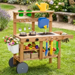 Matschküche Kinder Outdoor Spielküche Holz mit Blumentöpfen 15 Zubehörteilen & Rädern Natur