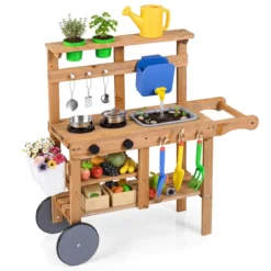 Matschküche Kinder Outdoor Spielküche Holz mit Blumentöpfen 15 Zubehörteilen & Rädern Natur