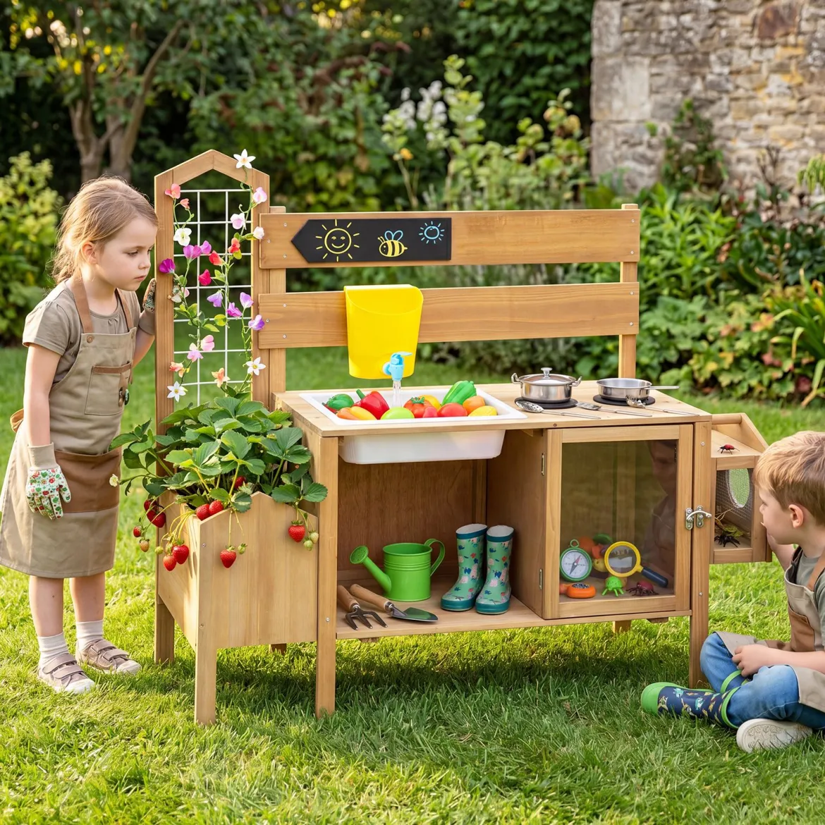 Matschküche Kinder Outdoor Spielküche mit Spüle Wassertank & Wasserhahn für Kinder ab 3 Jahren