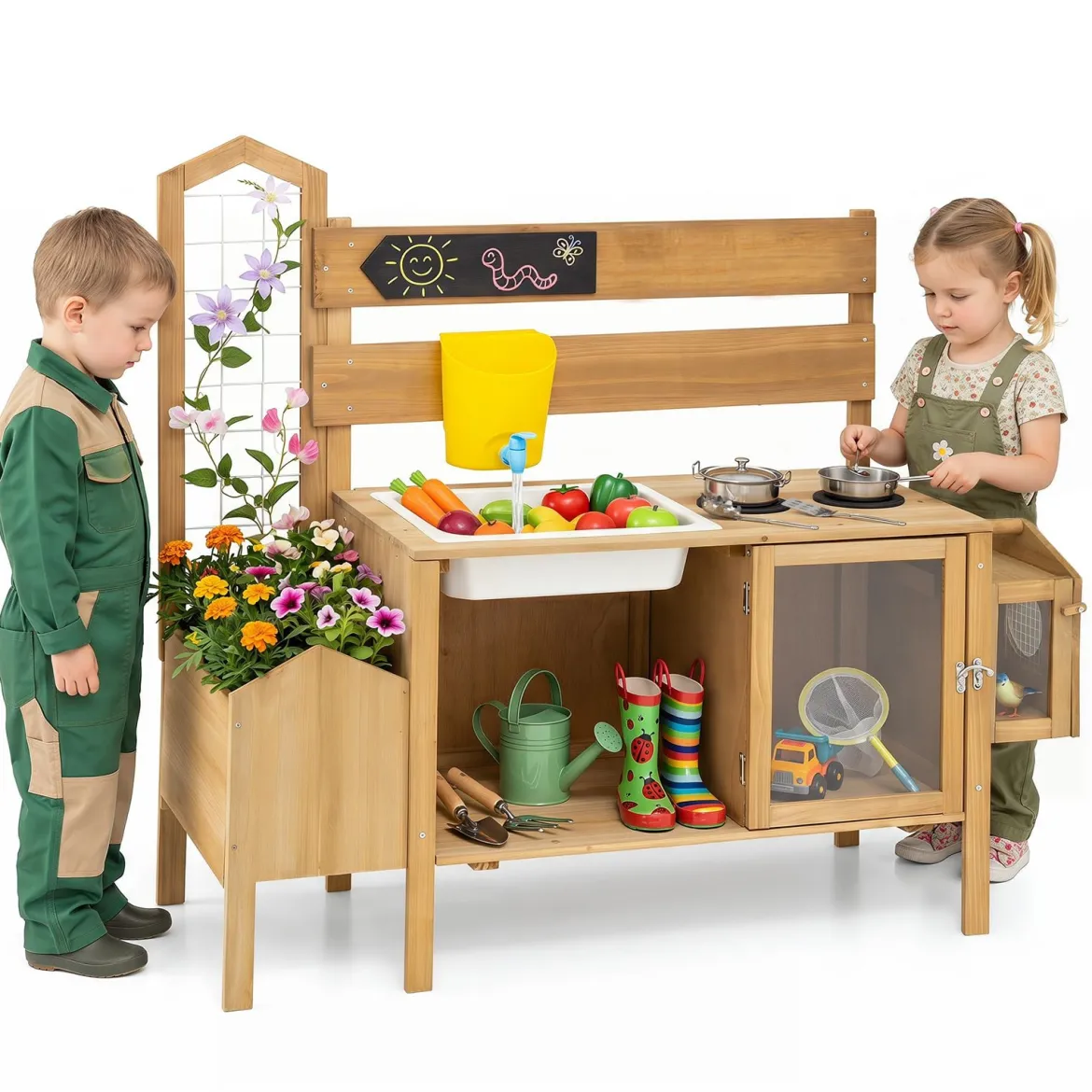 Matschküche Kinder Outdoor Spielküche mit Spüle Wassertank & Wasserhahn für Kinder ab 3 Jahren