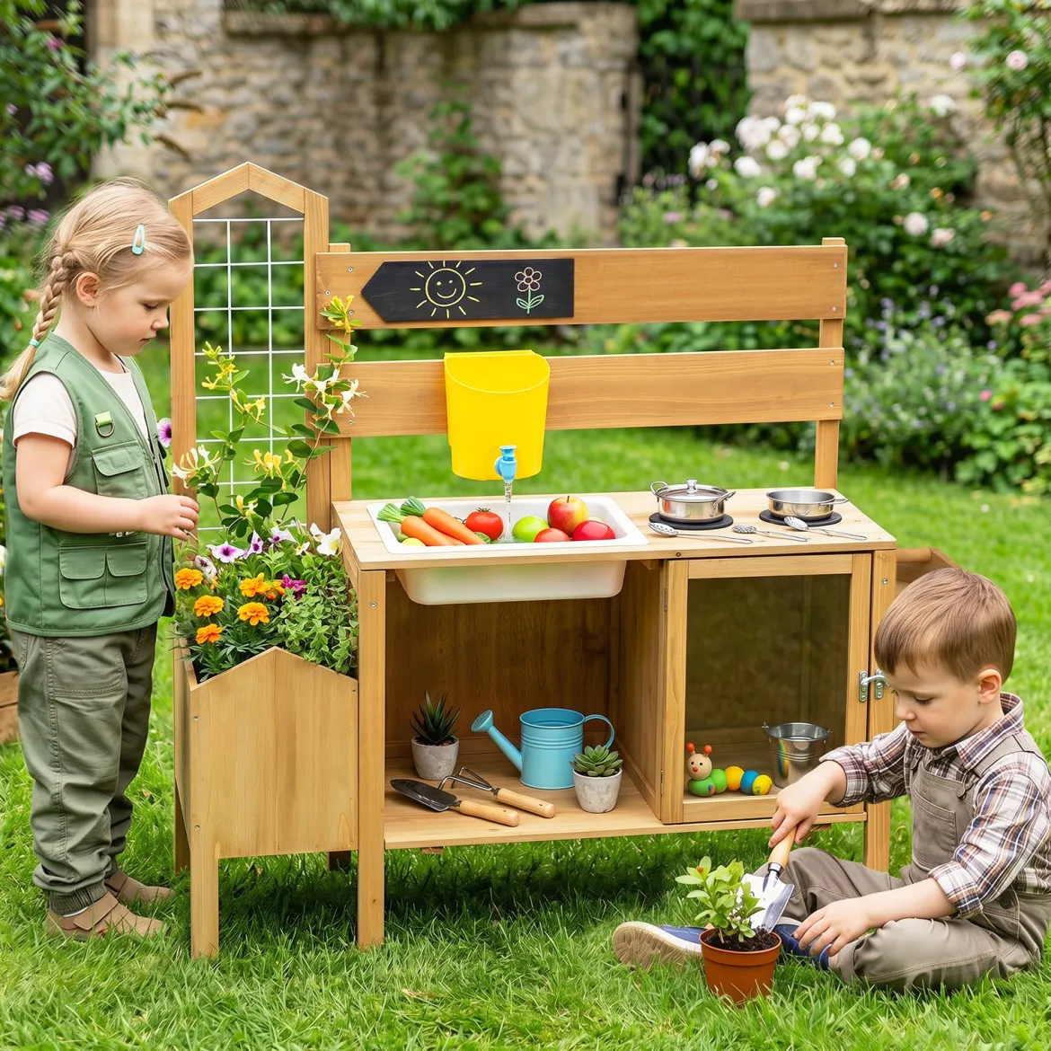 Matschküche Kinder Outdoor Spielküche mit Spüle Wassertank & Wasserhahn für Kinder ab 3 Jahren