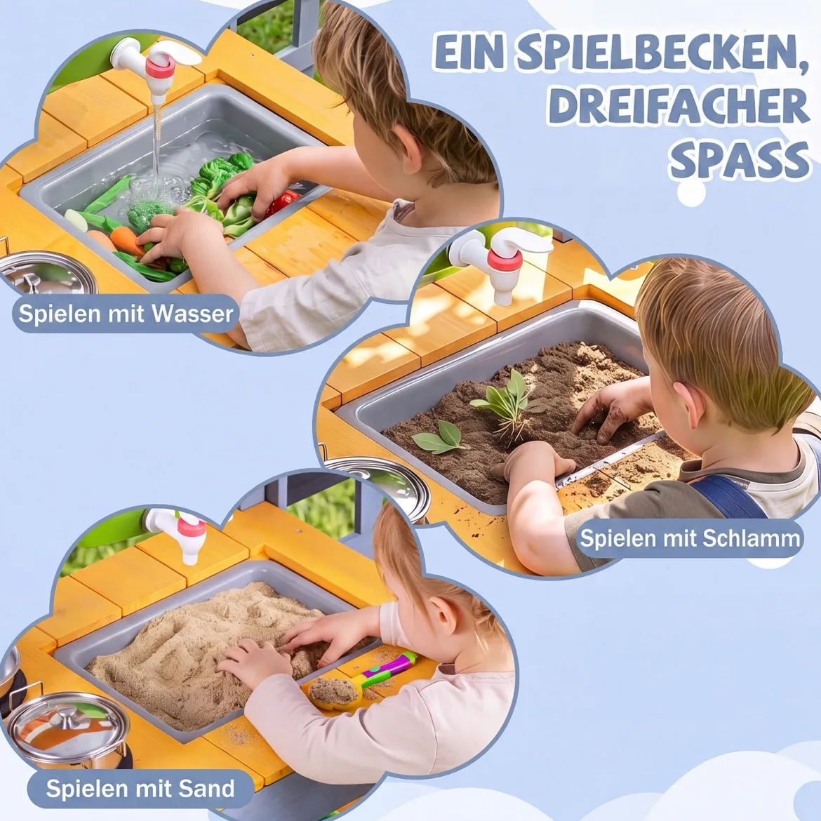 Matschküche Kinder Outdoor Spielküche mit Herd & Pflanzkasten Kinderküche aus Tannenholz Gelb