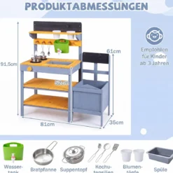 Matschküche Kinder Outdoor Spielküche mit Herd & Pflanzkasten Kinderküche aus Tannenholz Gelb