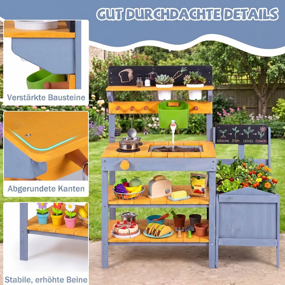 Matschküche Kinder Outdoor Spielküche mit Herd & Pflanzkasten Kinderküche aus Tannenholz Gelb