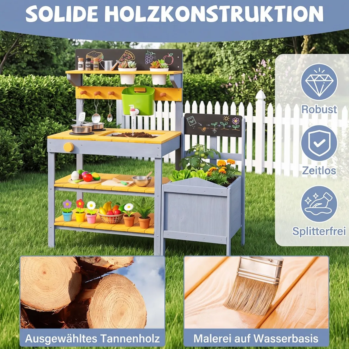 Matschküche Kinder Outdoor Spielküche mit Herd & Pflanzkasten Kinderküche aus Tannenholz Gelb