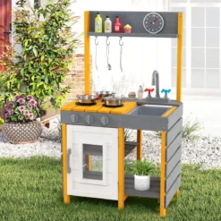 Matschküche Kinder Outdoor Spielküche mit Herd & Abnehmbarer Spüle & Wasserhahn Outdoor Kinderküche