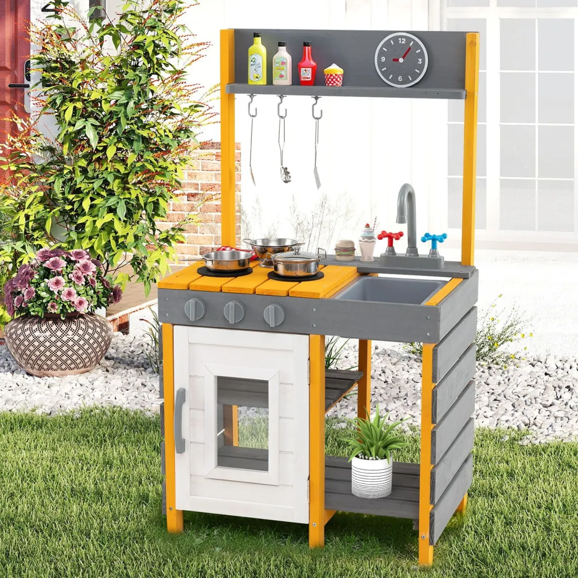 Matschküche Kinder Outdoor Spielküche mit Herd & Abnehmbarer Spüle & Wasserhahn Outdoor Kinderküche