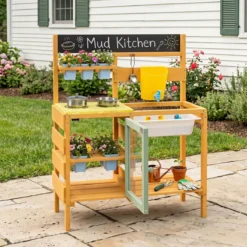 Matschküche Kinder Outdoor Spielküche Holz Mit Wassertank für Kinder ab 3 Jahren 69 x 29 x 85 cm Gelb