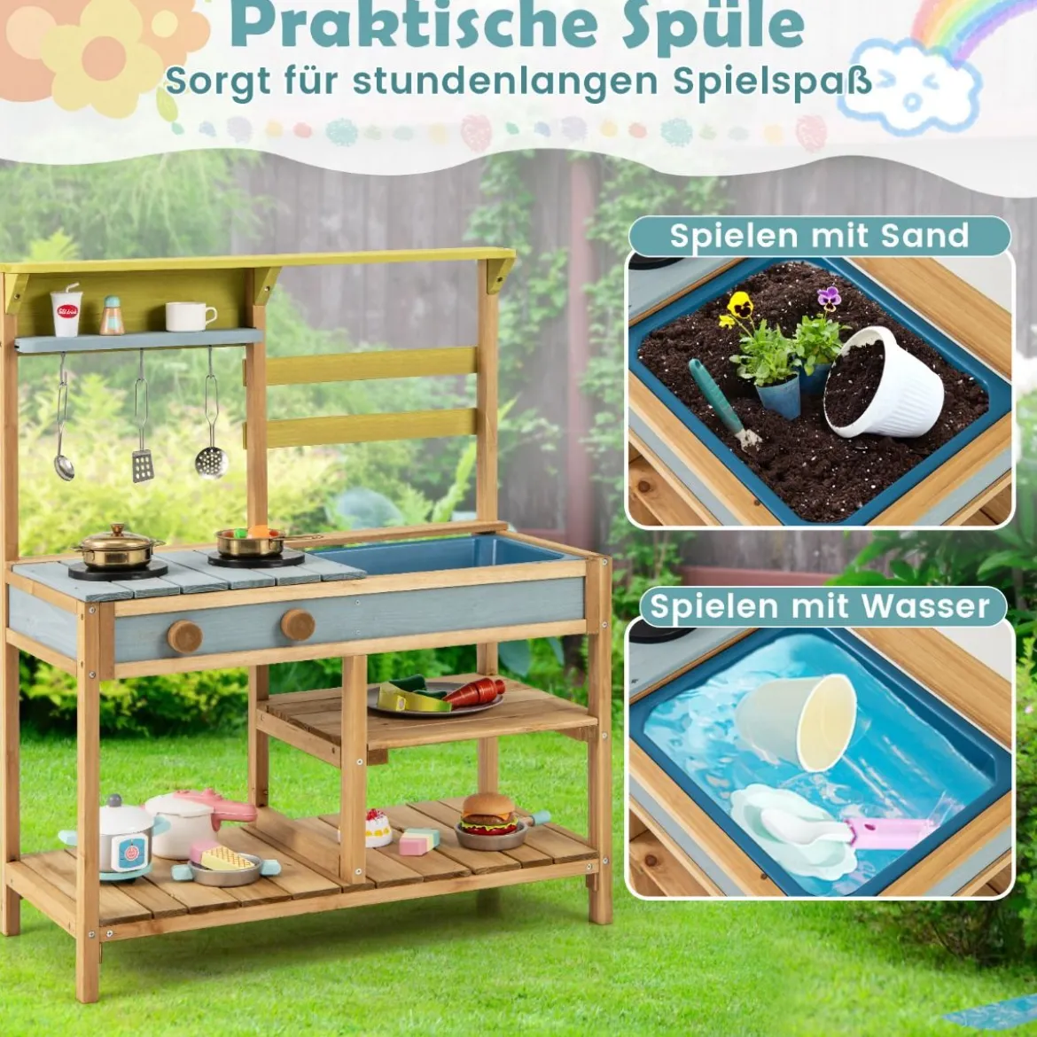 Matschküche Kinder Spielküche aus Fichtenholz mit Herd Drehknöpfen & Spüle