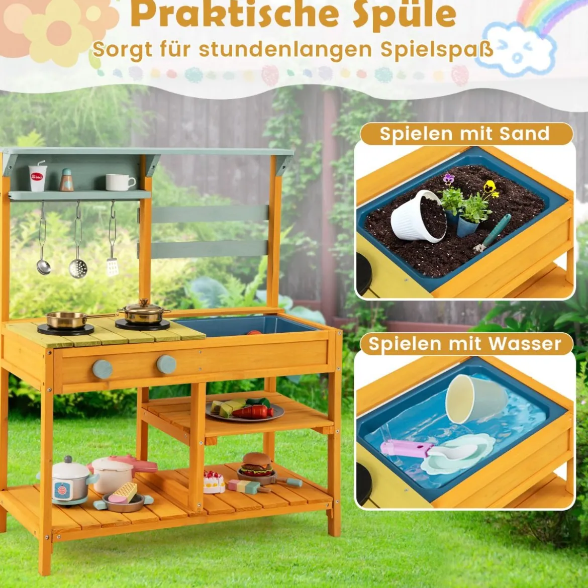Matschküche Kinder Spielküche aus Fichtenholz mit Herd Drehknöpfen & Spüle