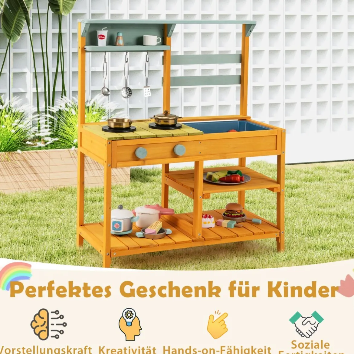Matschküche Kinder Spielküche aus Fichtenholz mit Herd Drehknöpfen & Spüle