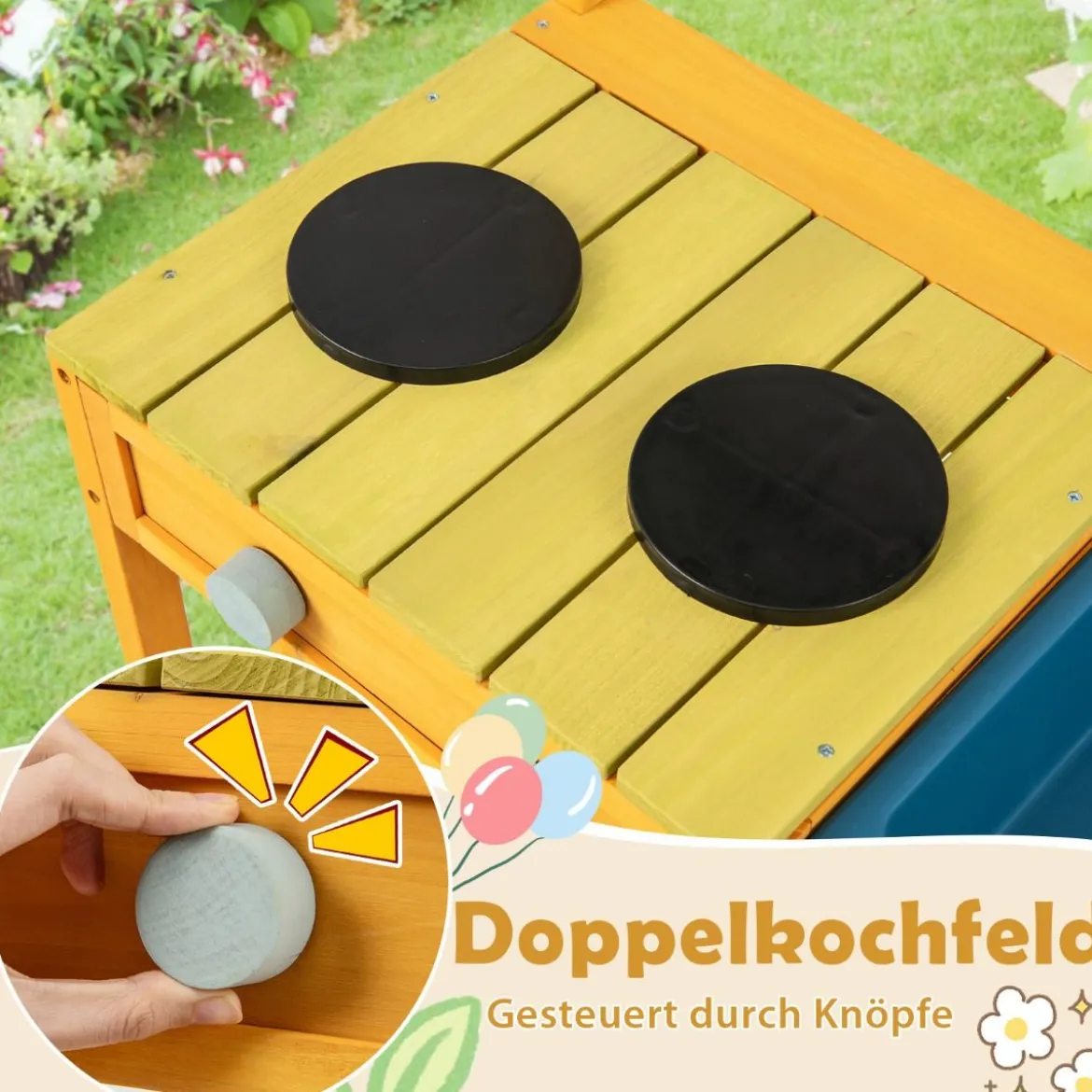 Matschküche Kinder Spielküche aus Fichtenholz mit Herd Drehknöpfen & Spüle