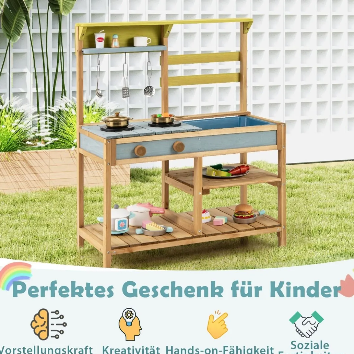 Matschküche Kinder Spielküche aus Fichtenholz mit Herd Drehknöpfen & Spüle
