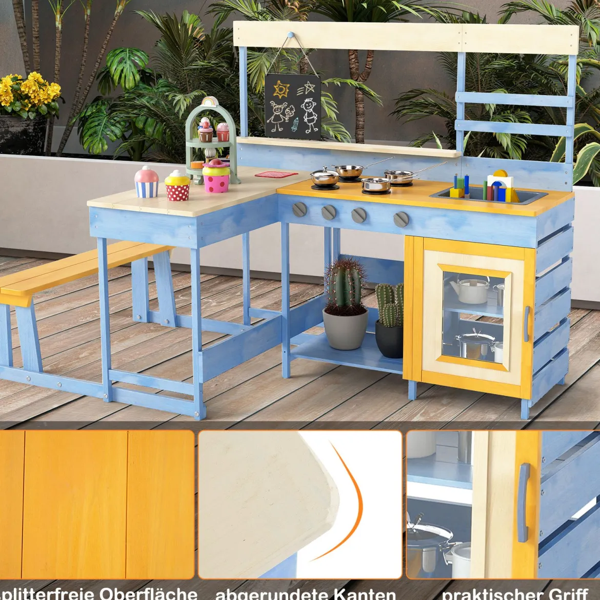 Matschküche mit Picknicktisch für Kinder Spielküche aus Tannenholz mit eingebauter Bank Blau