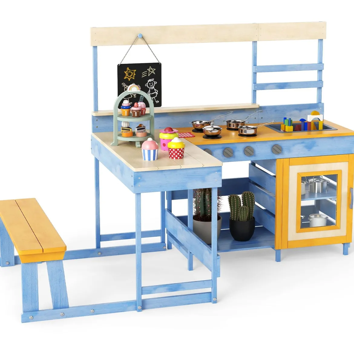 Matschküche mit Picknicktisch für Kinder Spielküche aus Tannenholz mit eingebauter Bank Blau