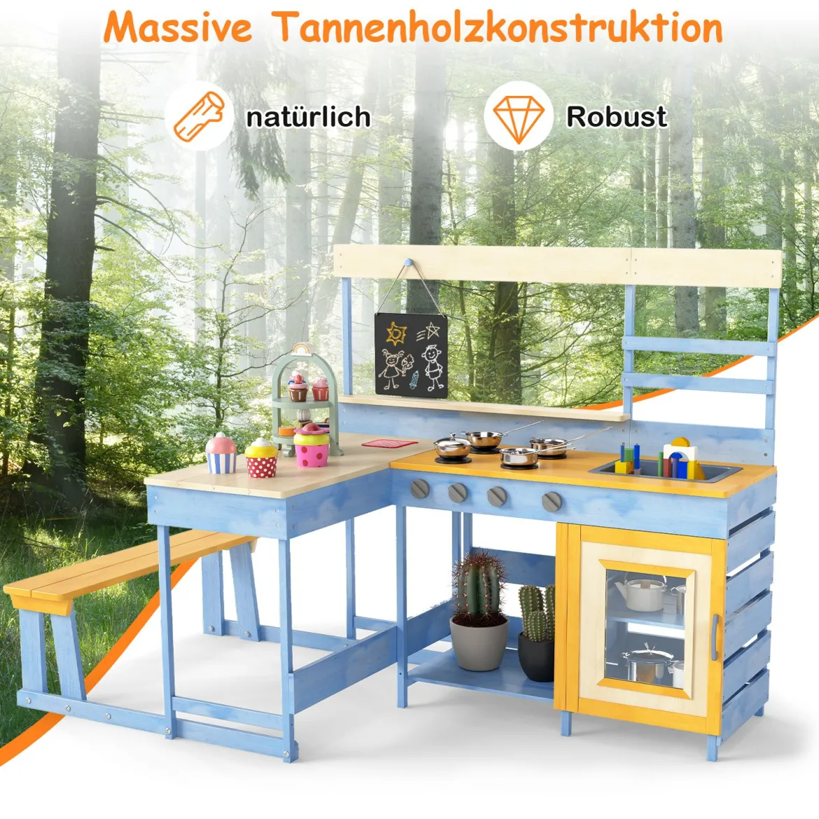 Matschküche mit Picknicktisch für Kinder Spielküche aus Tannenholz mit eingebauter Bank Blau
