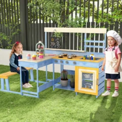 Matschküche mit Picknicktisch für Kinder Spielküche aus Tannenholz mit eingebauter Bank Blau